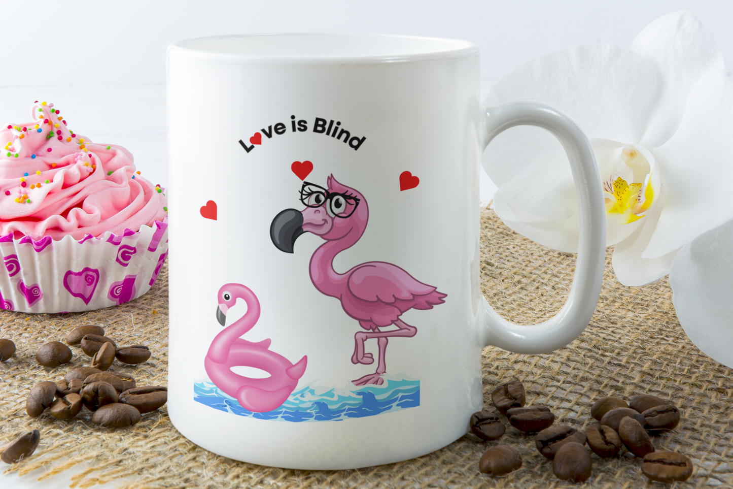 Comical Flamingo Mug "Love is Blind"